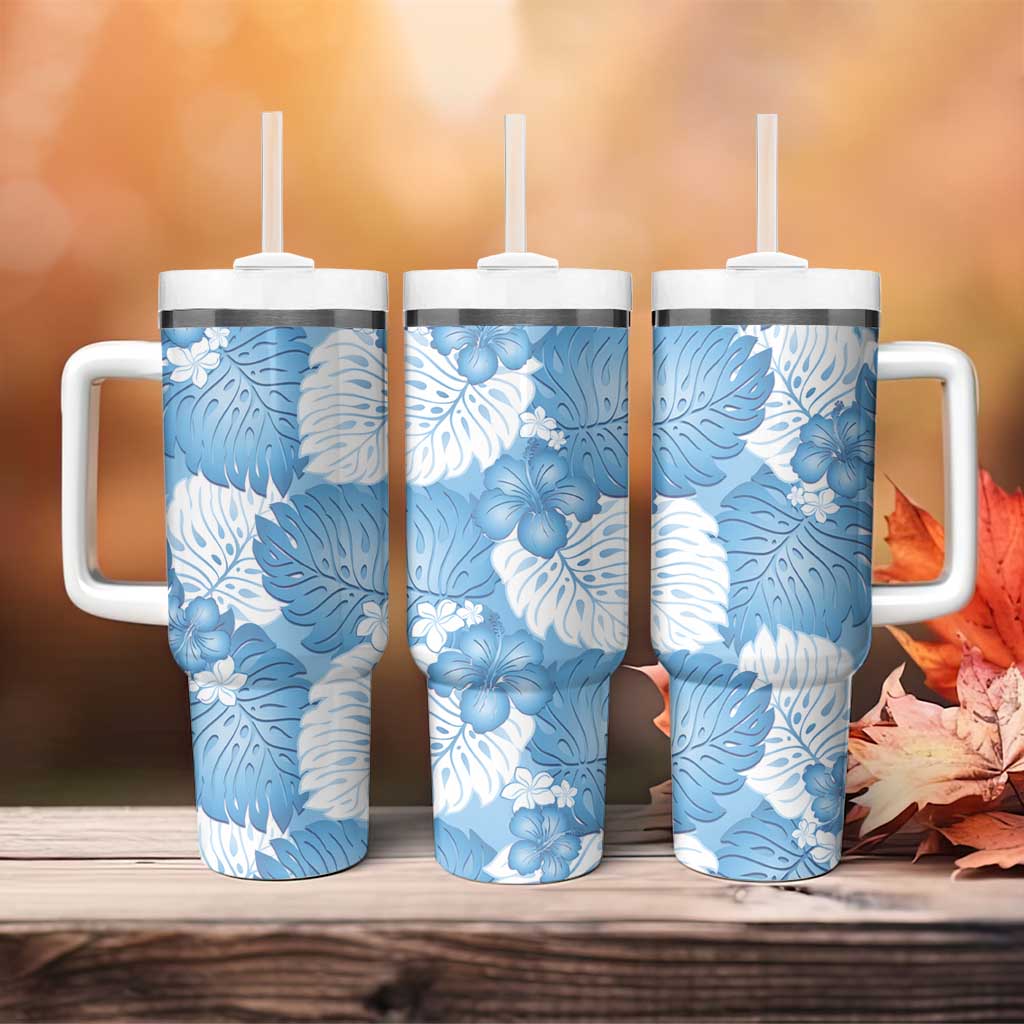 Blue Aloha Hawaii Tumbler With Handle Monstera Hibiscus Plumeria Seamless Vibes - Polynesian Pride