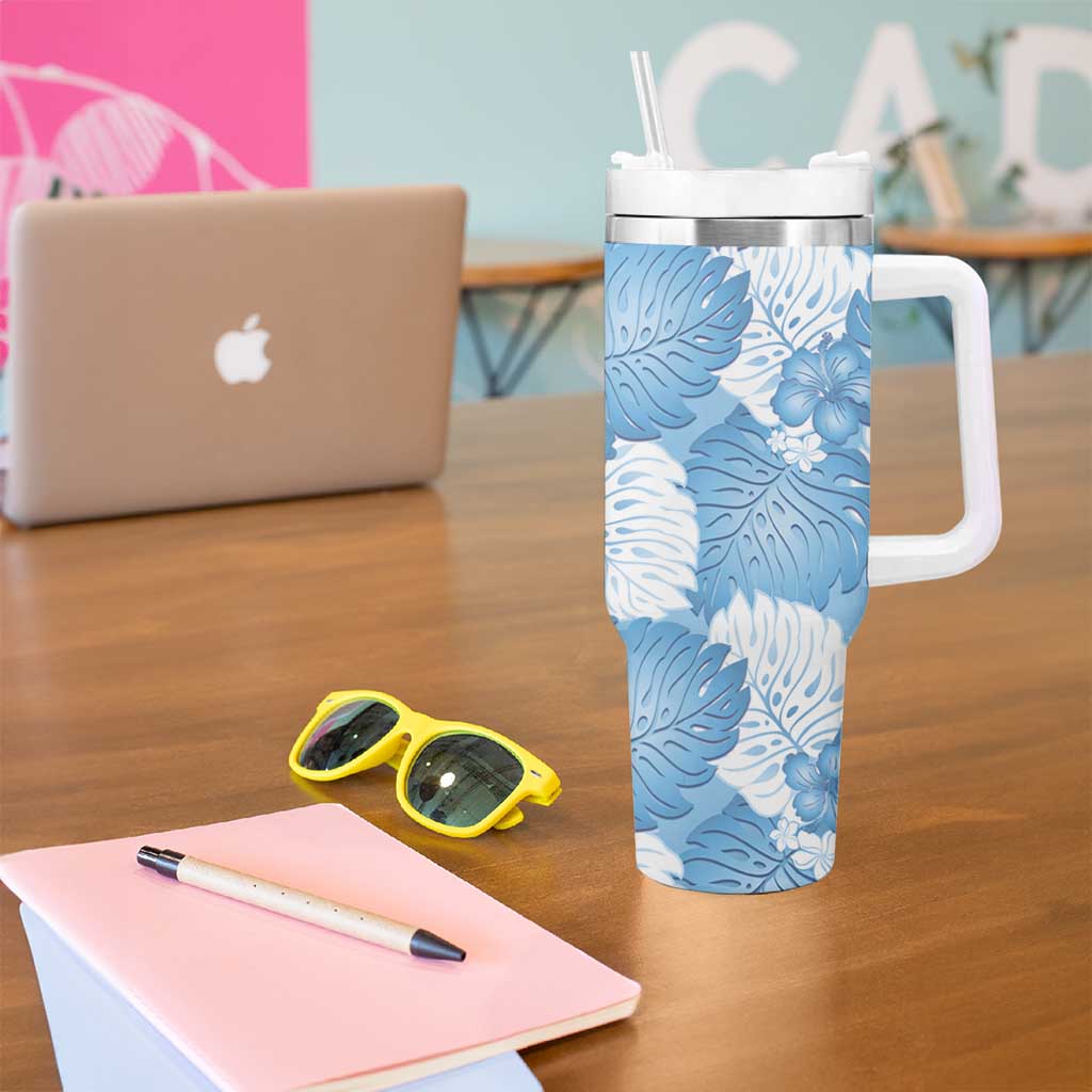 Blue Aloha Hawaii Tumbler With Handle Monstera Hibiscus Plumeria Seamless Vibes - Polynesian Pride