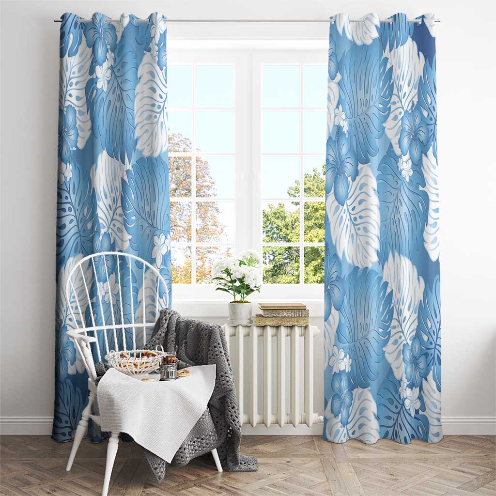 Blue Aloha Hawaii Window Curtain Monstera Hibiscus Plumeria Seamless Vibes - Polynesian Pride