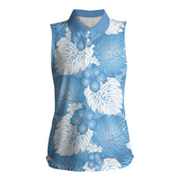 Blue Aloha Hawaii Women Sleeveless Polo Shirt Monstera Hibiscus Plumeria Seamless Vibes LT14 Female Blue - Polynesian Pride