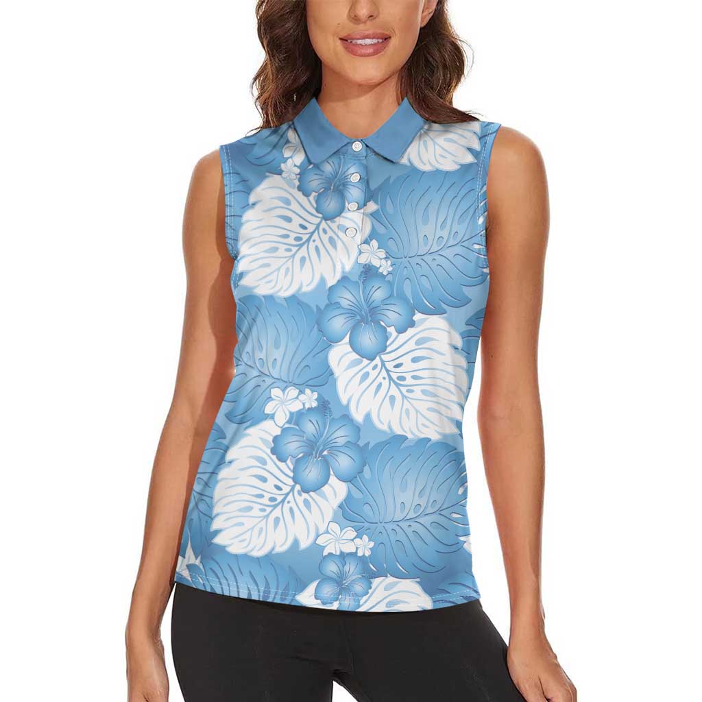 Blue Aloha Hawaii Women Sleeveless Polo Shirt Monstera Hibiscus Plumeria Seamless Vibes LT14 - Polynesian Pride