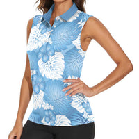 Blue Aloha Hawaii Women Sleeveless Polo Shirt Monstera Hibiscus Plumeria Seamless Vibes LT14 - Polynesian Pride