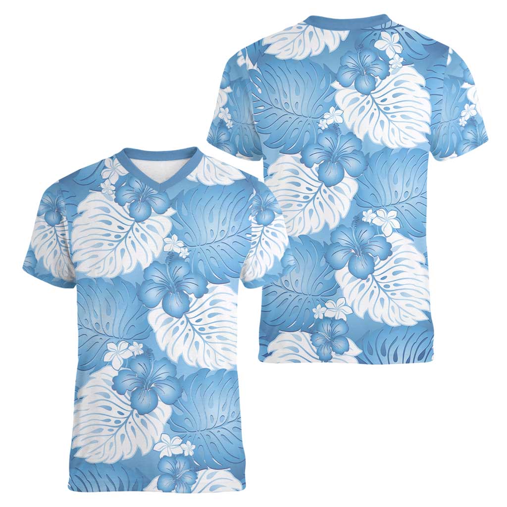 Blue Aloha Hawaii Women V-Neck T-Shirt Monstera Hibiscus Plumeria Seamless Vibes LT14 - Polynesian Pride