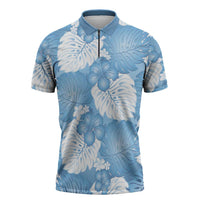 Blue Aloha Hawaii Zipper Polo Shirt Monstera Hibiscus Plumeria Seamless Vibes LT14 Blue - Polynesian Pride