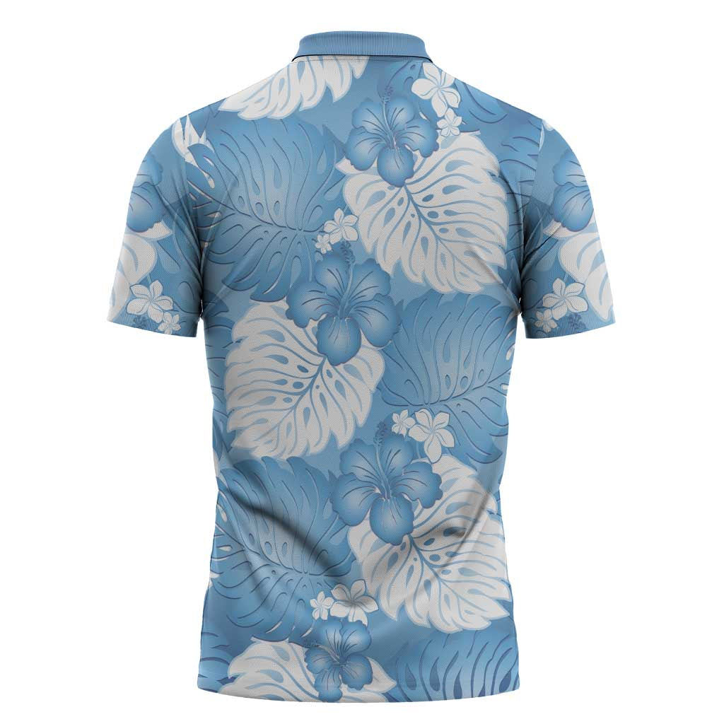 Blue Aloha Hawaii Zipper Polo Shirt Monstera Hibiscus Plumeria Seamless Vibes LT14 - Polynesian Pride