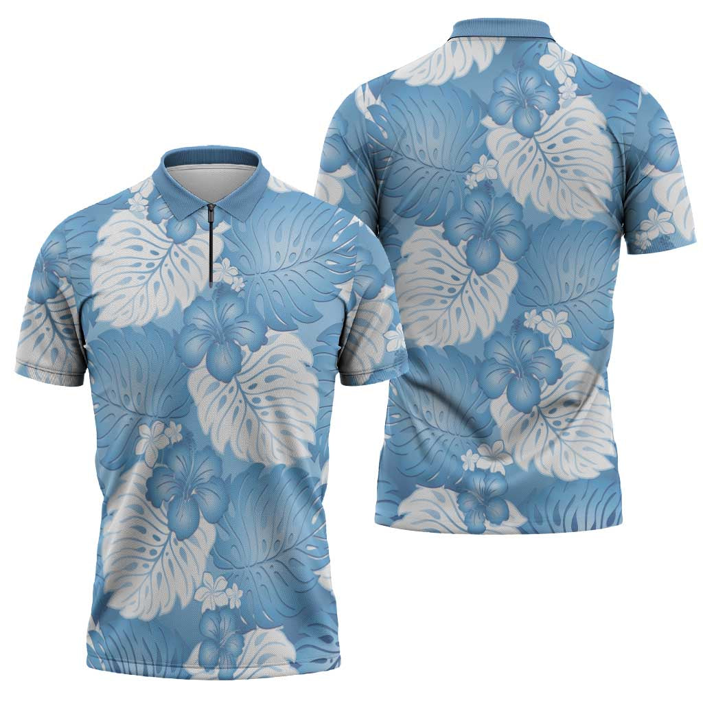Blue Aloha Hawaii Zipper Polo Shirt Monstera Hibiscus Plumeria Seamless Vibes LT14 - Polynesian Pride