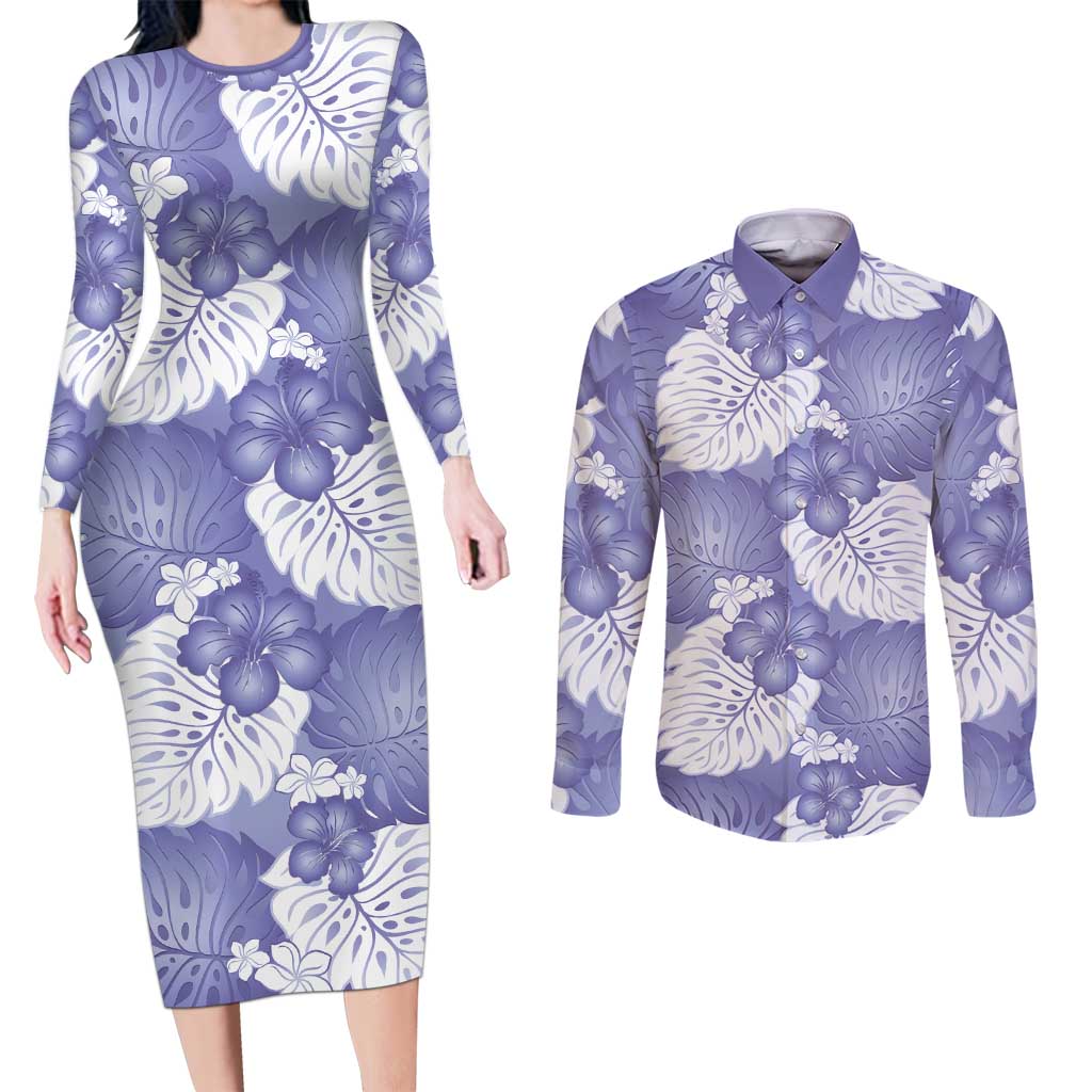 Purple Aloha Hawaii Couples Matching Long Sleeve Bodycon Dress and Long Sleeve Button Shirt Monstera Hibiscus Plumeria Seamless Vibes LT14 Purple - Polynesian Pride