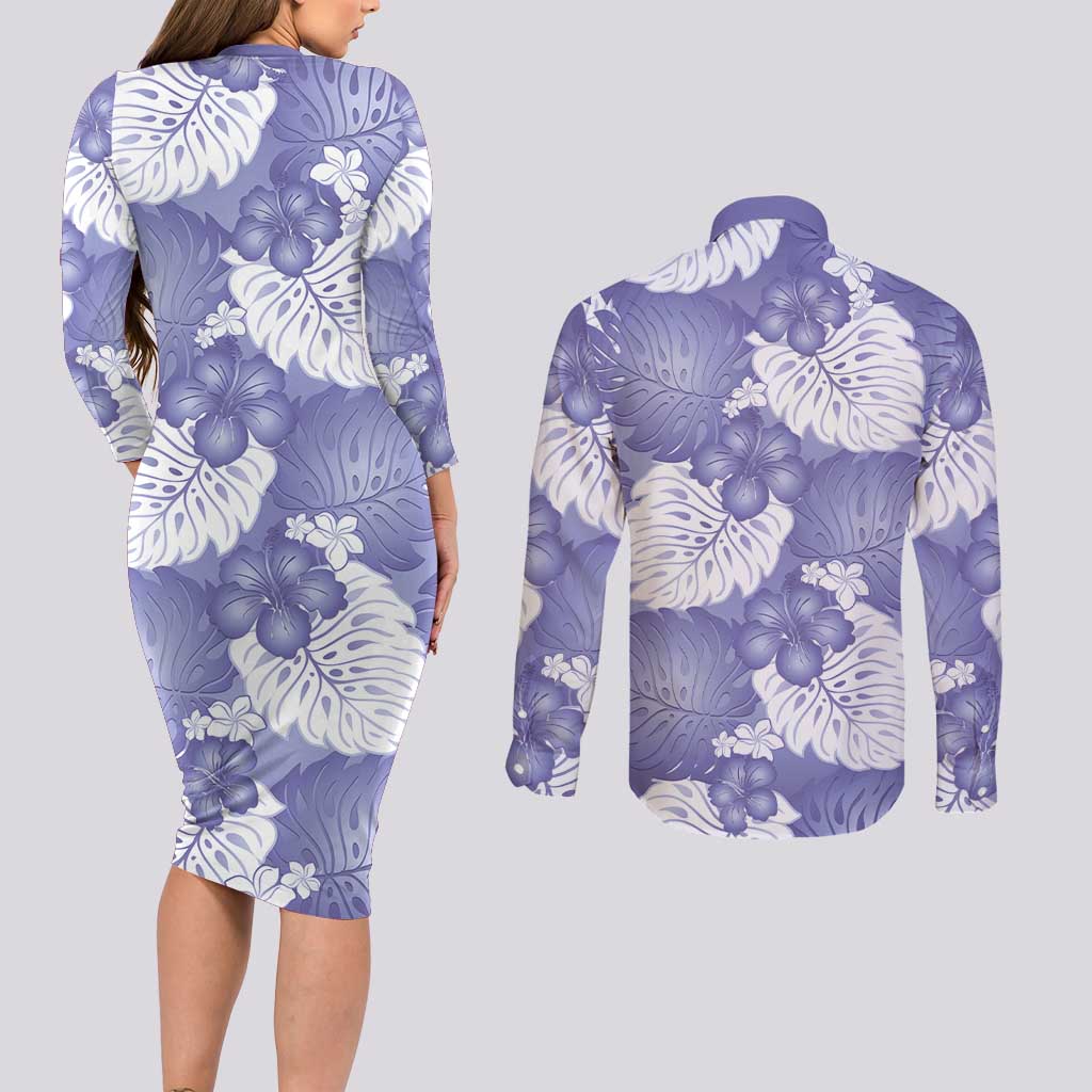 Purple Aloha Hawaii Couples Matching Long Sleeve Bodycon Dress and Long Sleeve Button Shirt Monstera Hibiscus Plumeria Seamless Vibes LT14 - Polynesian Pride