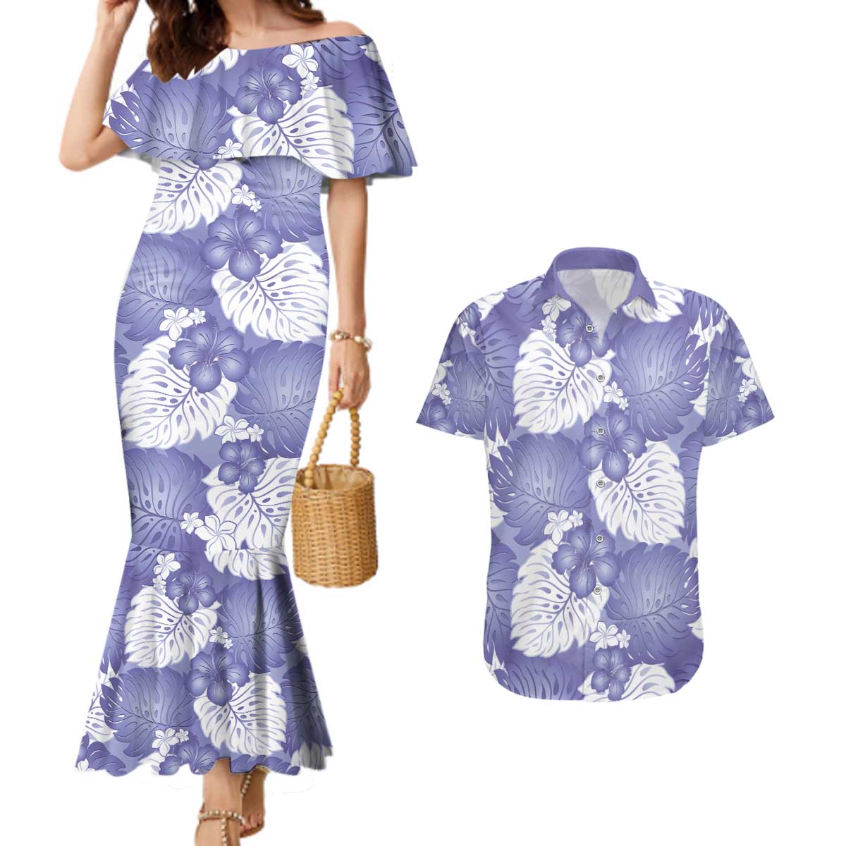Purple Aloha Hawaii Couples Matching Mermaid Dress and Hawaiian Shirt Monstera Hibiscus Plumeria Seamless Vibes LT14 Purple - Polynesian Pride