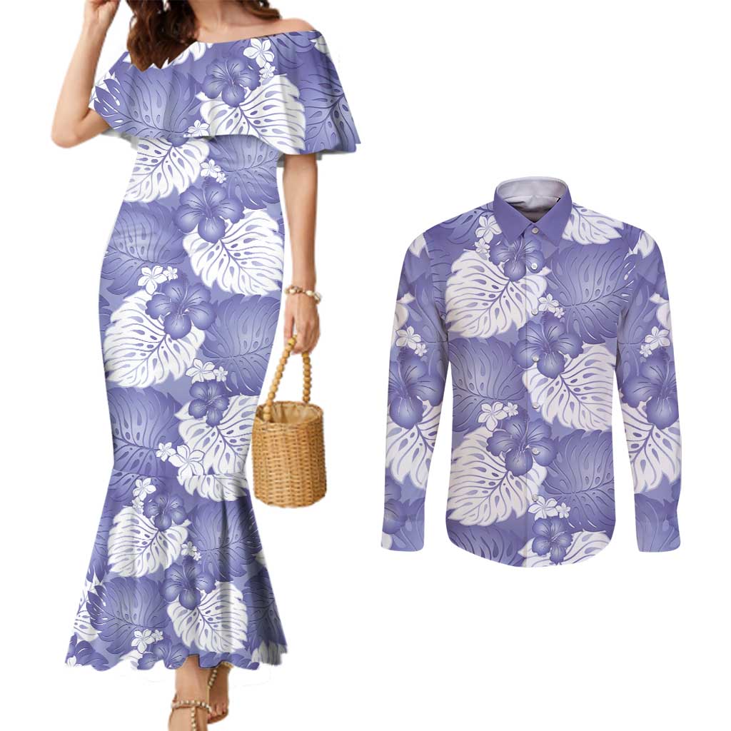 Purple Aloha Hawaii Couples Matching Mermaid Dress and Long Sleeve Button Shirt Monstera Hibiscus Plumeria Seamless Vibes - Polynesian Pride