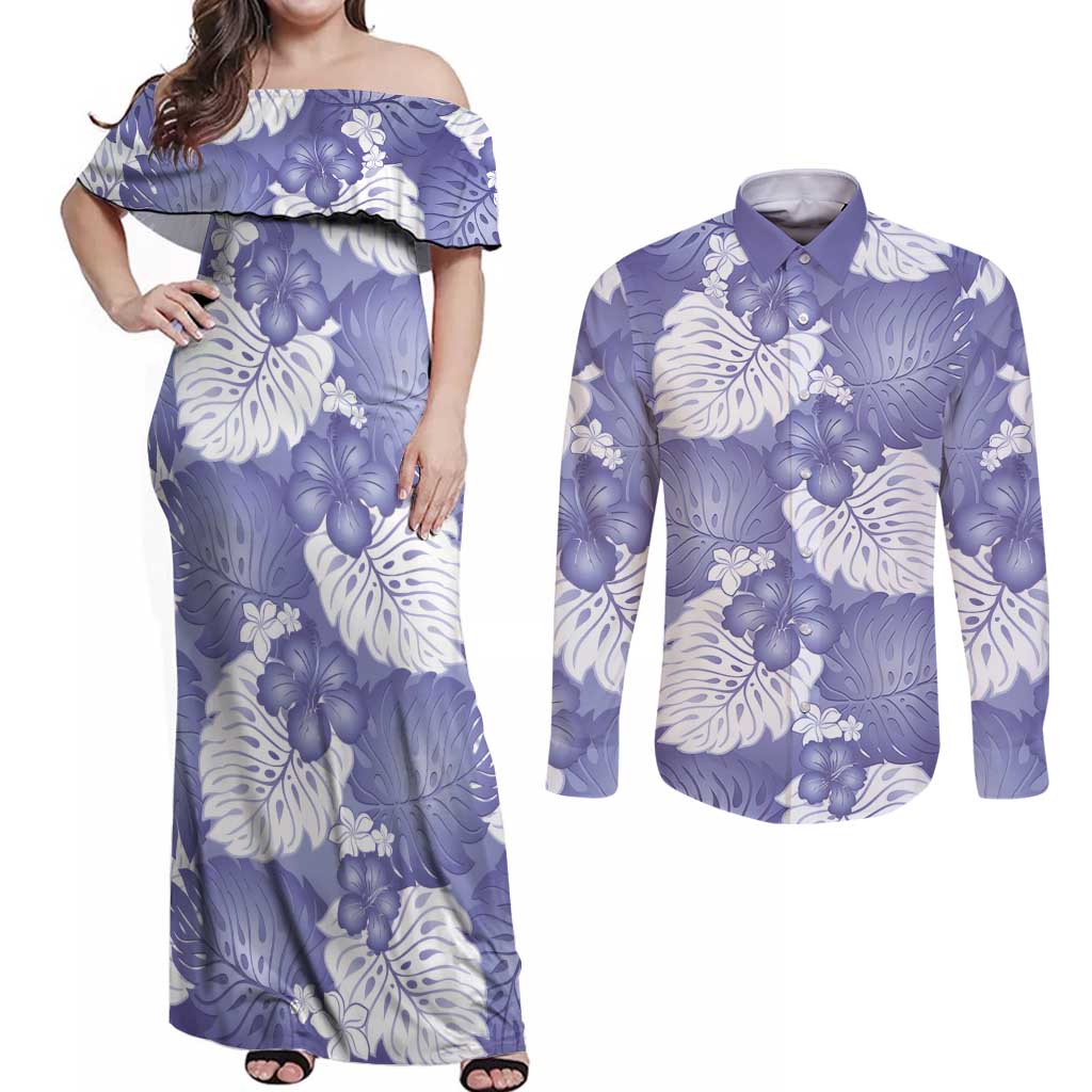 Purple Aloha Hawaii Couples Matching Off Shoulder Maxi Dress and Long Sleeve Button Shirt Monstera Hibiscus Plumeria Seamless Vibes LT14 Purple - Polynesian Pride