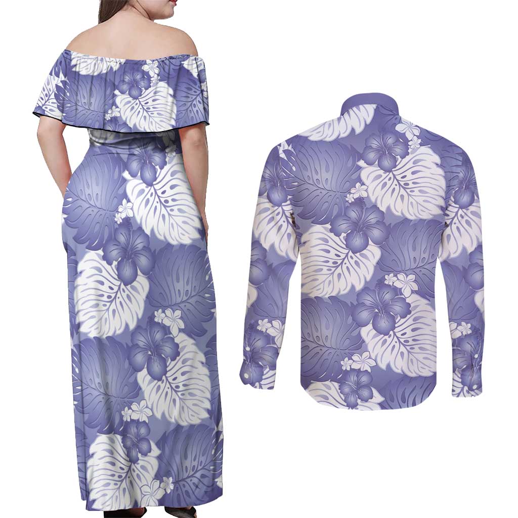 Purple Aloha Hawaii Couples Matching Off Shoulder Maxi Dress and Long Sleeve Button Shirt Monstera Hibiscus Plumeria Seamless Vibes LT14 - Polynesian Pride