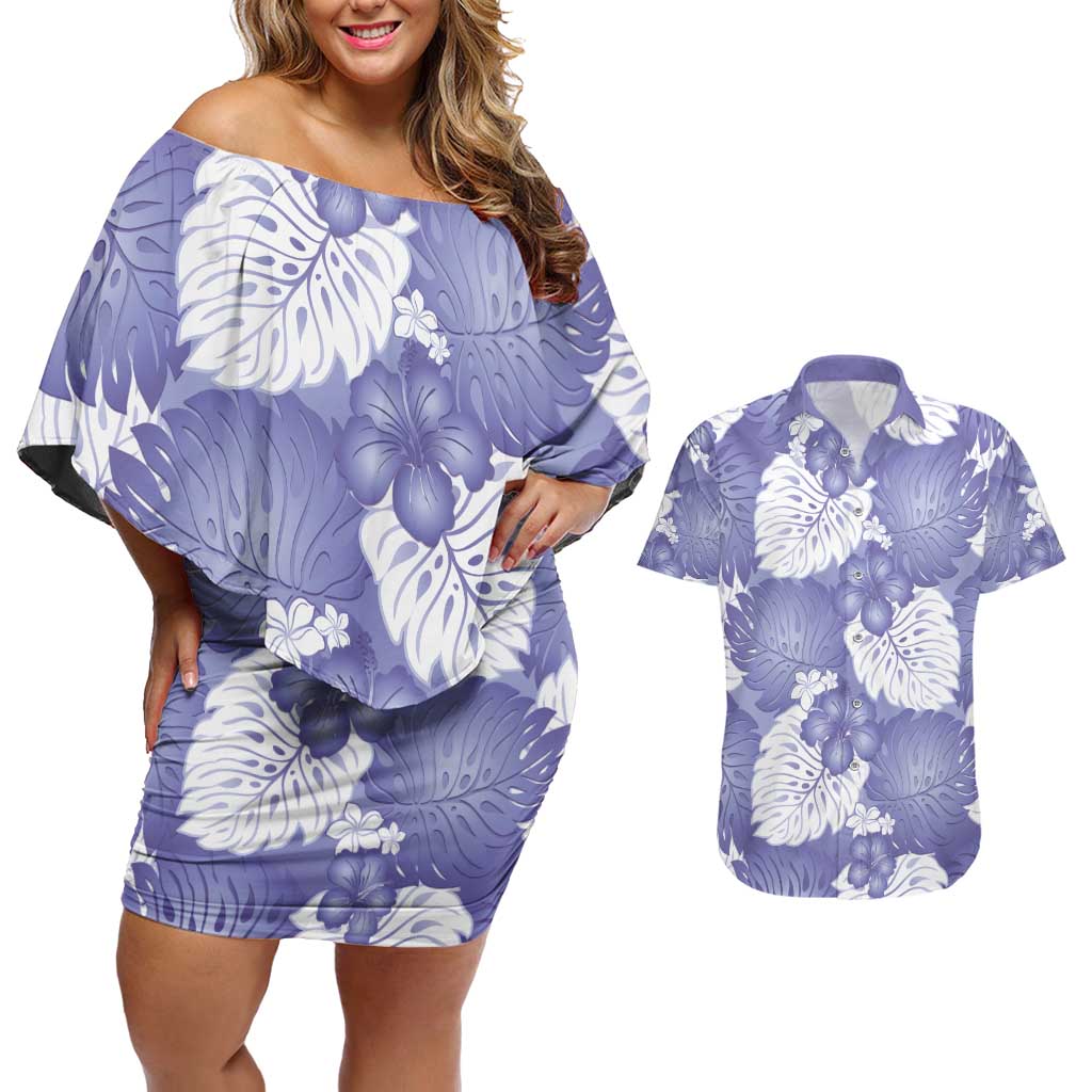 Purple Aloha Hawaii Couples Matching Off Shoulder Short Dress and Hawaiian Shirt Monstera Hibiscus Plumeria Seamless Vibes LT14 Purple - Polynesian Pride