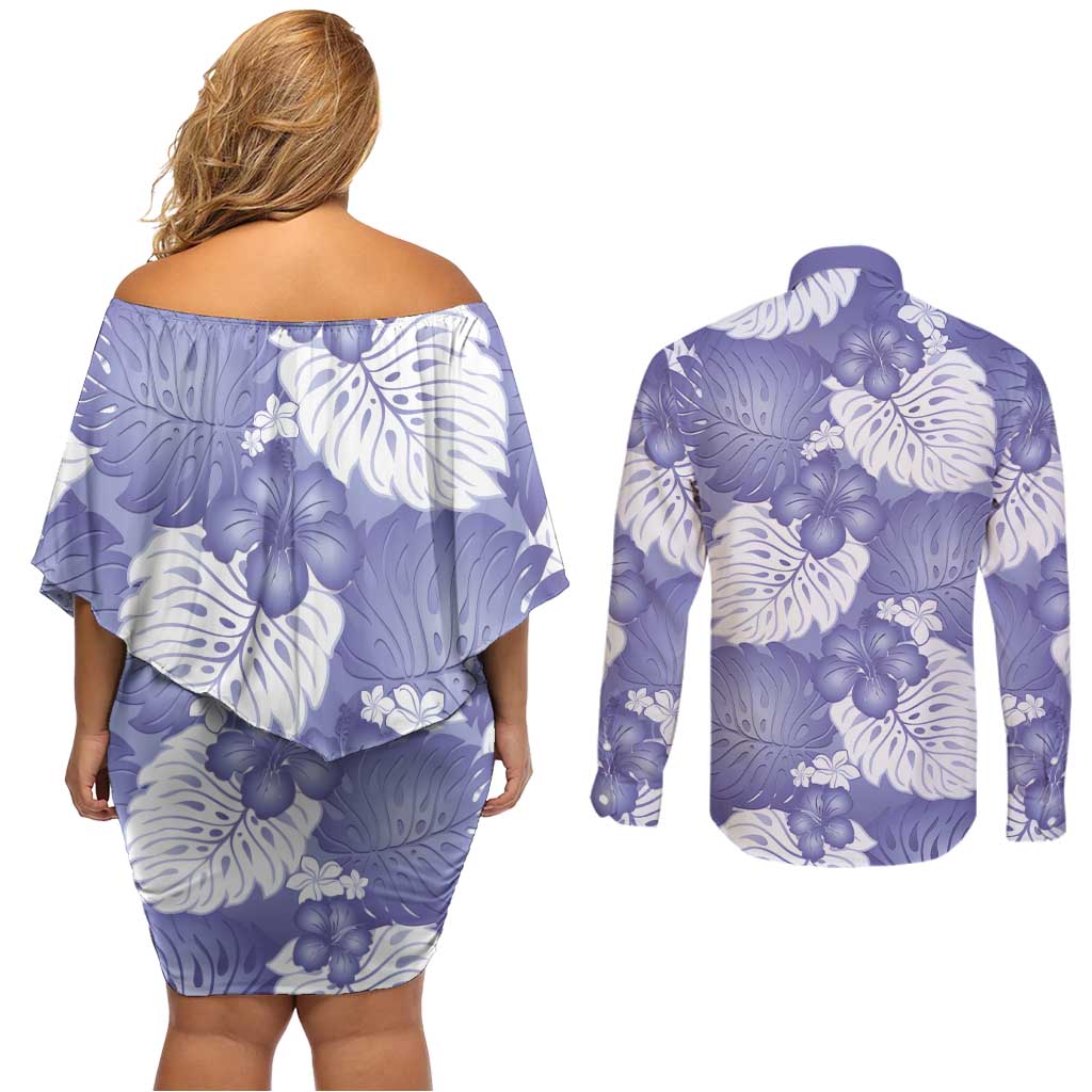 Purple Aloha Hawaii Couples Matching Off Shoulder Short Dress and Long Sleeve Button Shirt Monstera Hibiscus Plumeria Seamless Vibes LT14 - Polynesian Pride