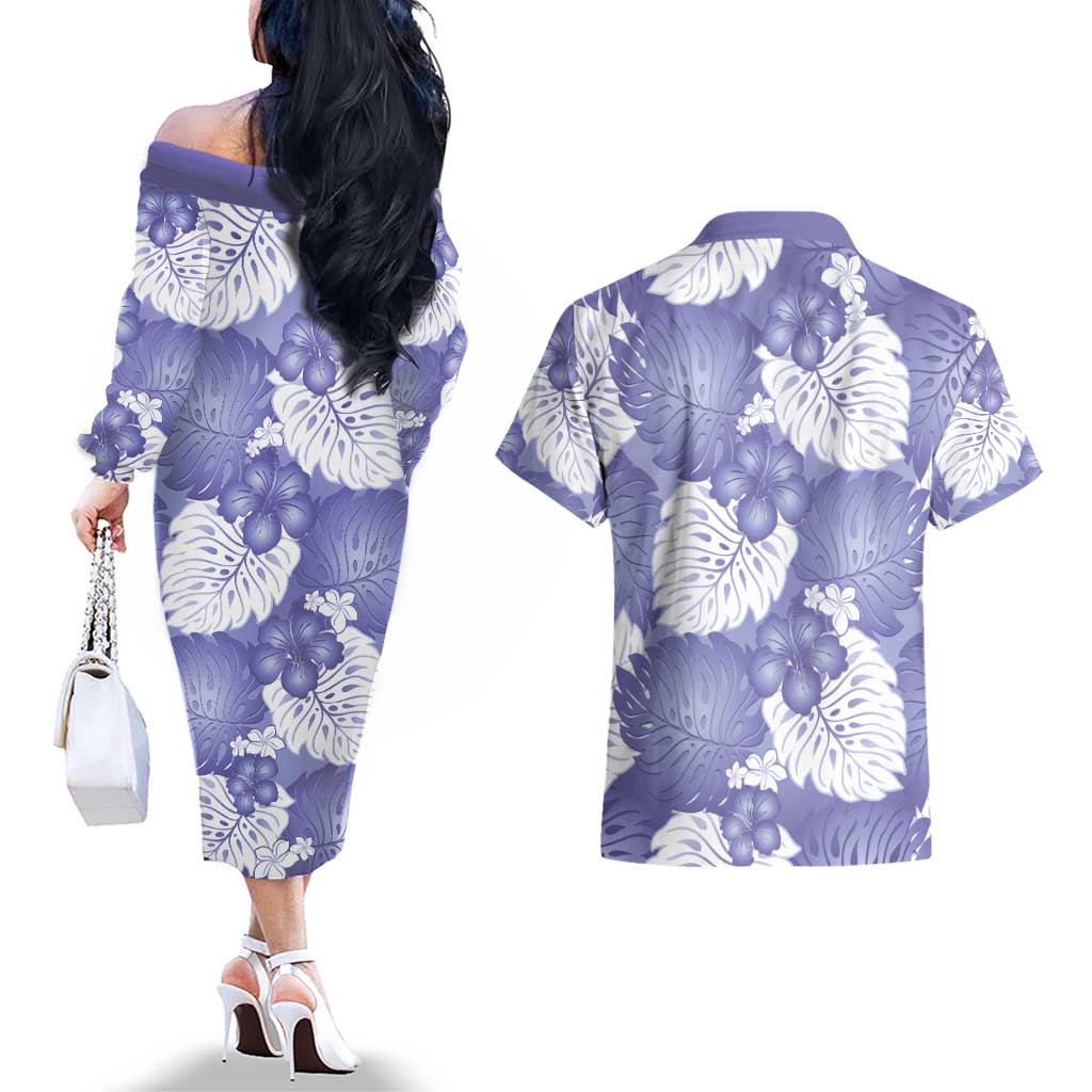 Purple Aloha Hawaii Couples Matching Off The Shoulder Long Sleeve Dress and Hawaiian Shirt Monstera Hibiscus Plumeria Seamless Vibes LT14 - Polynesian Pride