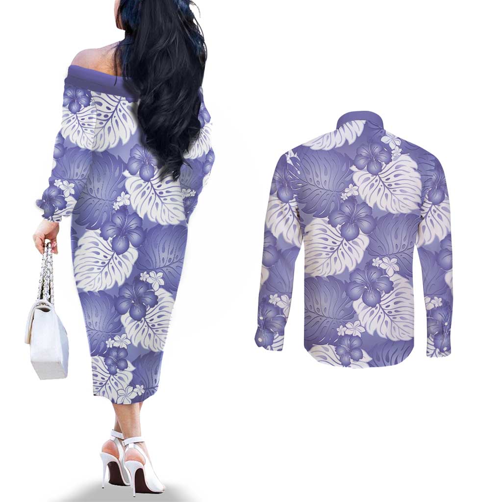 Purple Aloha Hawaii Couples Matching Off The Shoulder Long Sleeve Dress and Long Sleeve Button Shirt Monstera Hibiscus Plumeria Seamless Vibes LT14 - Polynesian Pride