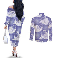 Purple Aloha Hawaii Couples Matching Off The Shoulder Long Sleeve Dress and Long Sleeve Button Shirt Monstera Hibiscus Plumeria Seamless Vibes LT14 - Polynesian Pride