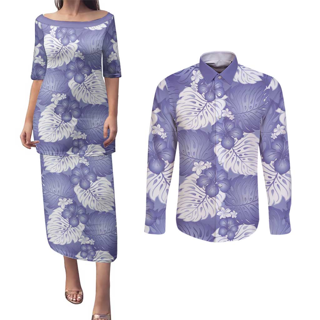 Purple Aloha Hawaii Couples Matching Puletasi and Long Sleeve Button Shirt Monstera Hibiscus Plumeria Seamless Vibes LT14 Purple - Polynesian Pride