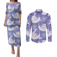 Purple Aloha Hawaii Couples Matching Puletasi and Long Sleeve Button Shirt Monstera Hibiscus Plumeria Seamless Vibes LT14 Purple - Polynesian Pride