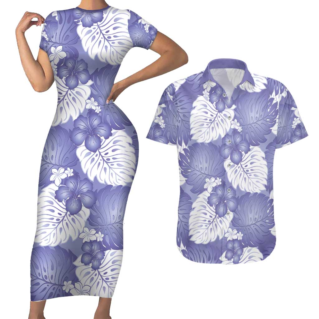 Purple Aloha Hawaii Couples Matching Short Sleeve Bodycon Dress and Hawaiian Shirt Monstera Hibiscus Plumeria Seamless Vibes LT14 Purple - Polynesian Pride