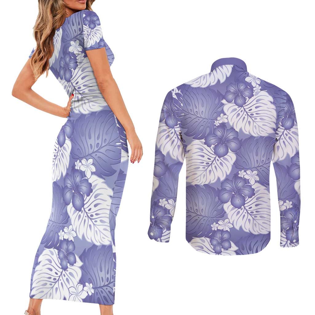 Purple Aloha Hawaii Couples Matching Short Sleeve Bodycon Dress and Long Sleeve Button Shirt Monstera Hibiscus Plumeria Seamless Vibes LT14 - Polynesian Pride