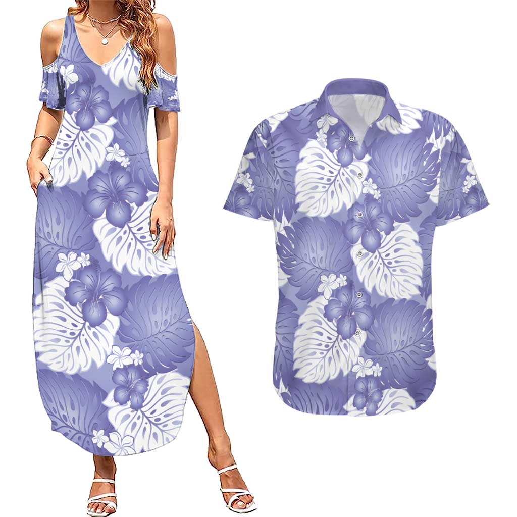 Purple Aloha Hawaii Couples Matching Summer Maxi Dress and Hawaiian Shirt Monstera Hibiscus Plumeria Seamless Vibes LT14 Purple - Polynesian Pride