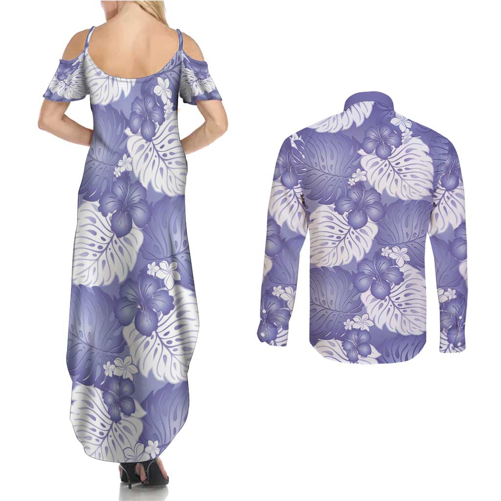Purple Aloha Hawaii Couples Matching Summer Maxi Dress and Long Sleeve Button Shirt Monstera Hibiscus Plumeria Seamless Vibes LT14 - Polynesian Pride