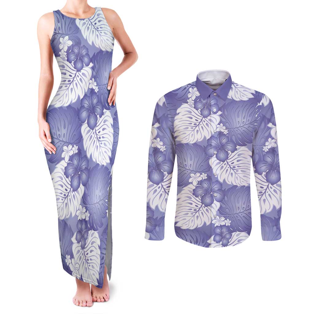 Purple Aloha Hawaii Couples Matching Tank Maxi Dress and Long Sleeve Button Shirt Monstera Hibiscus Plumeria Seamless Vibes LT14 Purple - Polynesian Pride