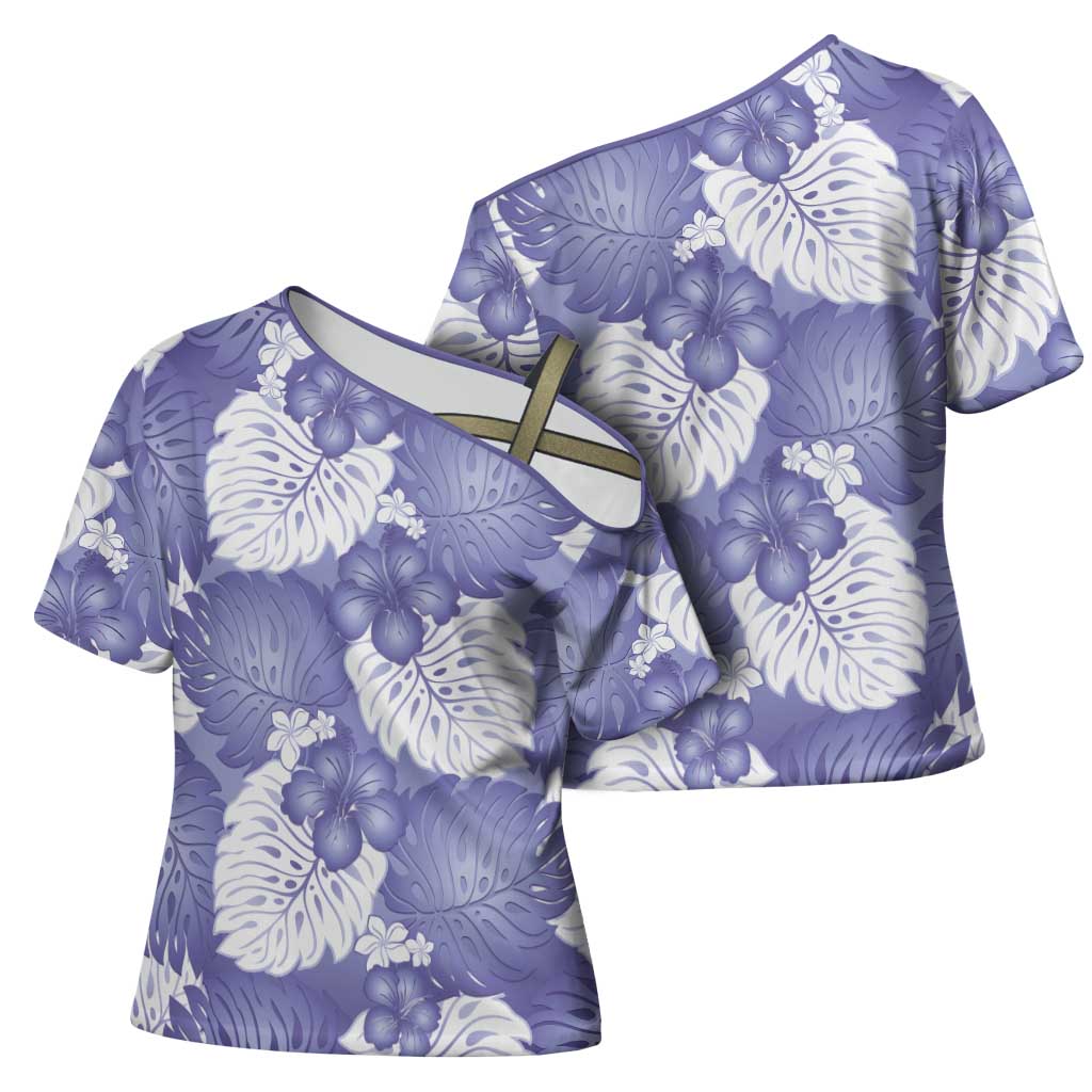 Purple Aloha Hawaii Cross Shoulder Shirt Monstera Hibiscus Plumeria Seamless Vibes LT14 - Polynesian Pride