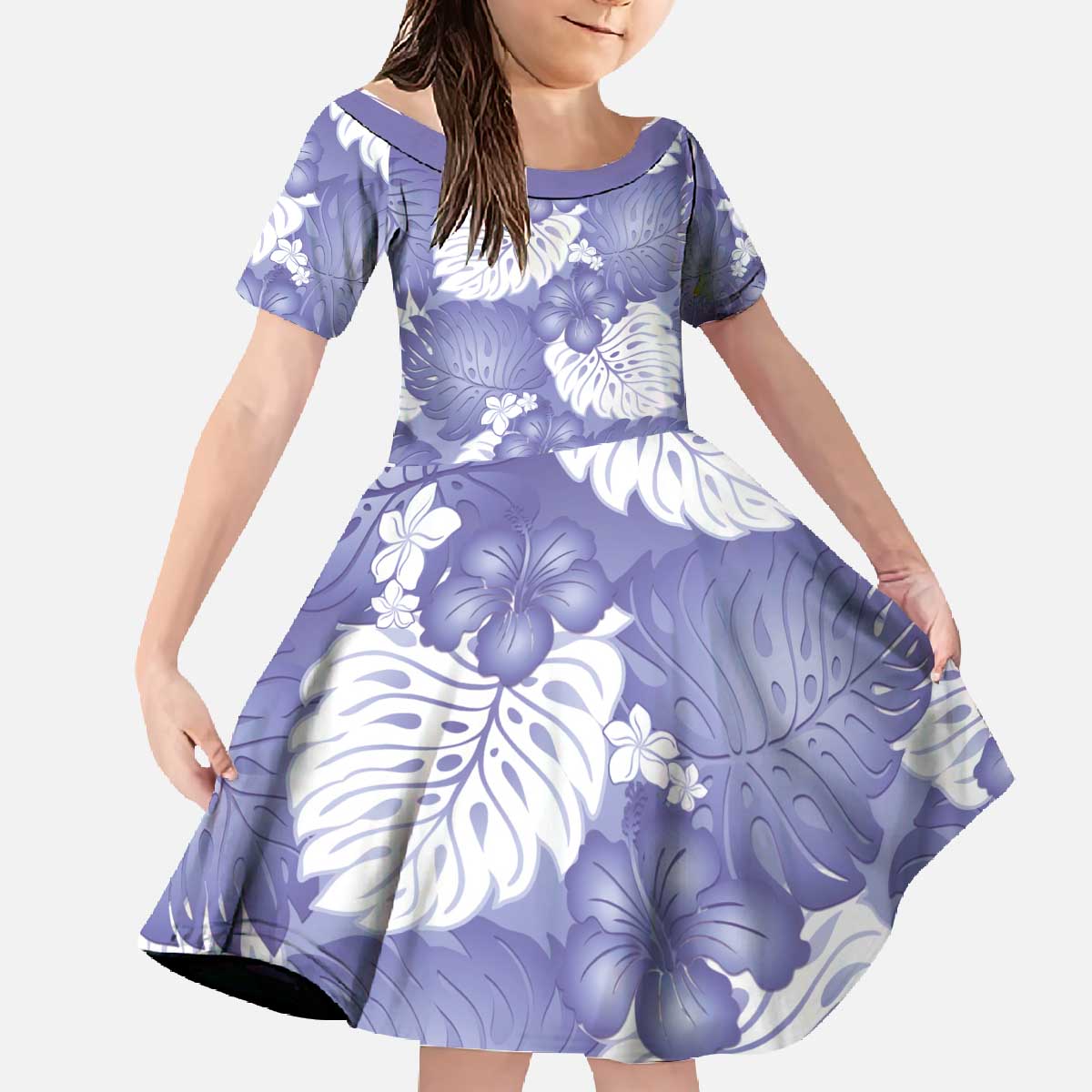 Purple Aloha Hawaii Family Matching Off The Shoulder Long Sleeve Dress and Hawaiian Shirt Monstera Hibiscus Plumeria Seamless Vibes LT14 Daughter's Dress Purple - Polynesian Pride