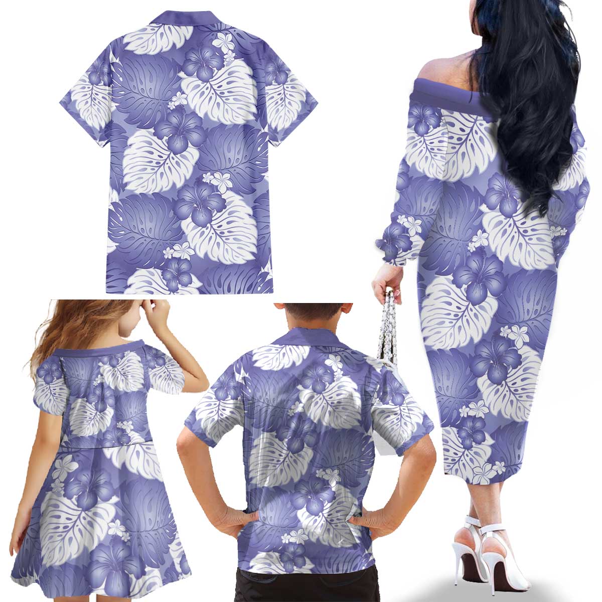 Purple Aloha Hawaii Family Matching Off The Shoulder Long Sleeve Dress and Hawaiian Shirt Monstera Hibiscus Plumeria Seamless Vibes LT14 - Polynesian Pride