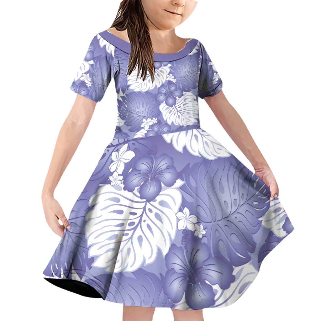 Purple Aloha Hawaii Family Matching Off Shoulder Short Dress and Hawaiian Shirt Monstera Hibiscus Plumeria Seamless Vibes LT14 Daughter's Dress Purple - Polynesian Pride