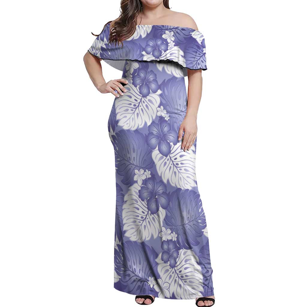Purple Aloha Hawaii Off Shoulder Maxi Dress Monstera Hibiscus Plumeria Seamless Vibes LT14 Women Purple - Polynesian Pride