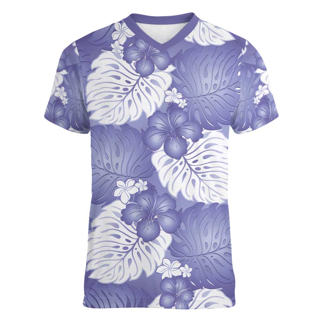 Purple Aloha Hawaii Women V-Neck T-Shirt Monstera Hibiscus Plumeria Seamless Vibes LT14 Female Purple - Polynesian Pride