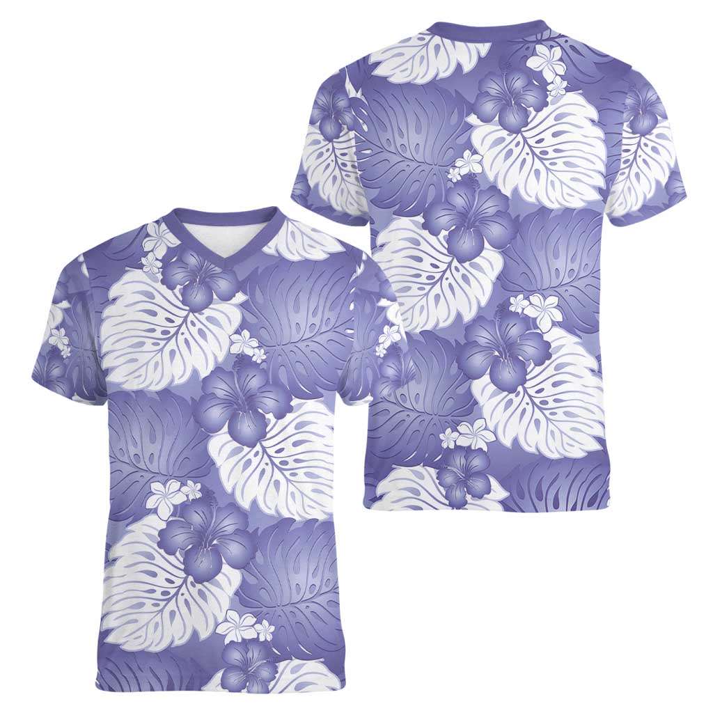 Purple Aloha Hawaii Women V-Neck T-Shirt Monstera Hibiscus Plumeria Seamless Vibes LT14 - Polynesian Pride