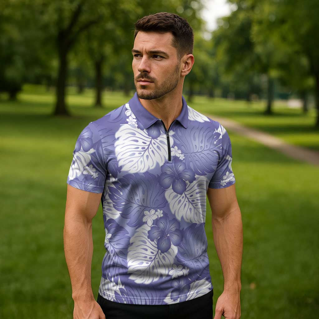 Purple Aloha Hawaii Zipper Polo Shirt Monstera Hibiscus Plumeria Seamless Vibes LT14 - Polynesian Pride