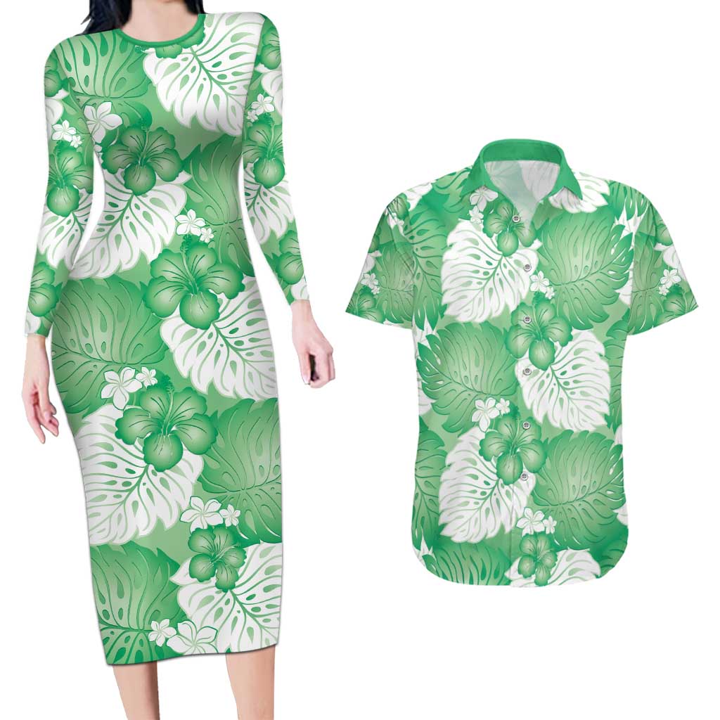 Green Aloha Hawaii Couples Matching Long Sleeve Bodycon Dress and Hawaiian Shirt Monstera Hibiscus Plumeria Seamless Vibes LT14 Green - Polynesian Pride
