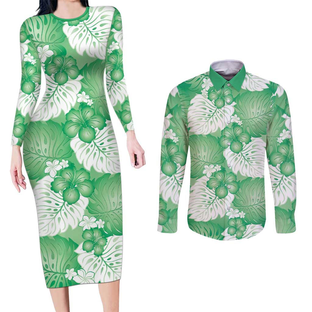 Green Aloha Hawaii Couples Matching Long Sleeve Bodycon Dress and Long Sleeve Button Shirt Monstera Hibiscus Plumeria Seamless Vibes LT14 Green - Polynesian Pride