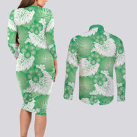 Green Aloha Hawaii Couples Matching Long Sleeve Bodycon Dress and Long Sleeve Button Shirt Monstera Hibiscus Plumeria Seamless Vibes LT14 - Polynesian Pride