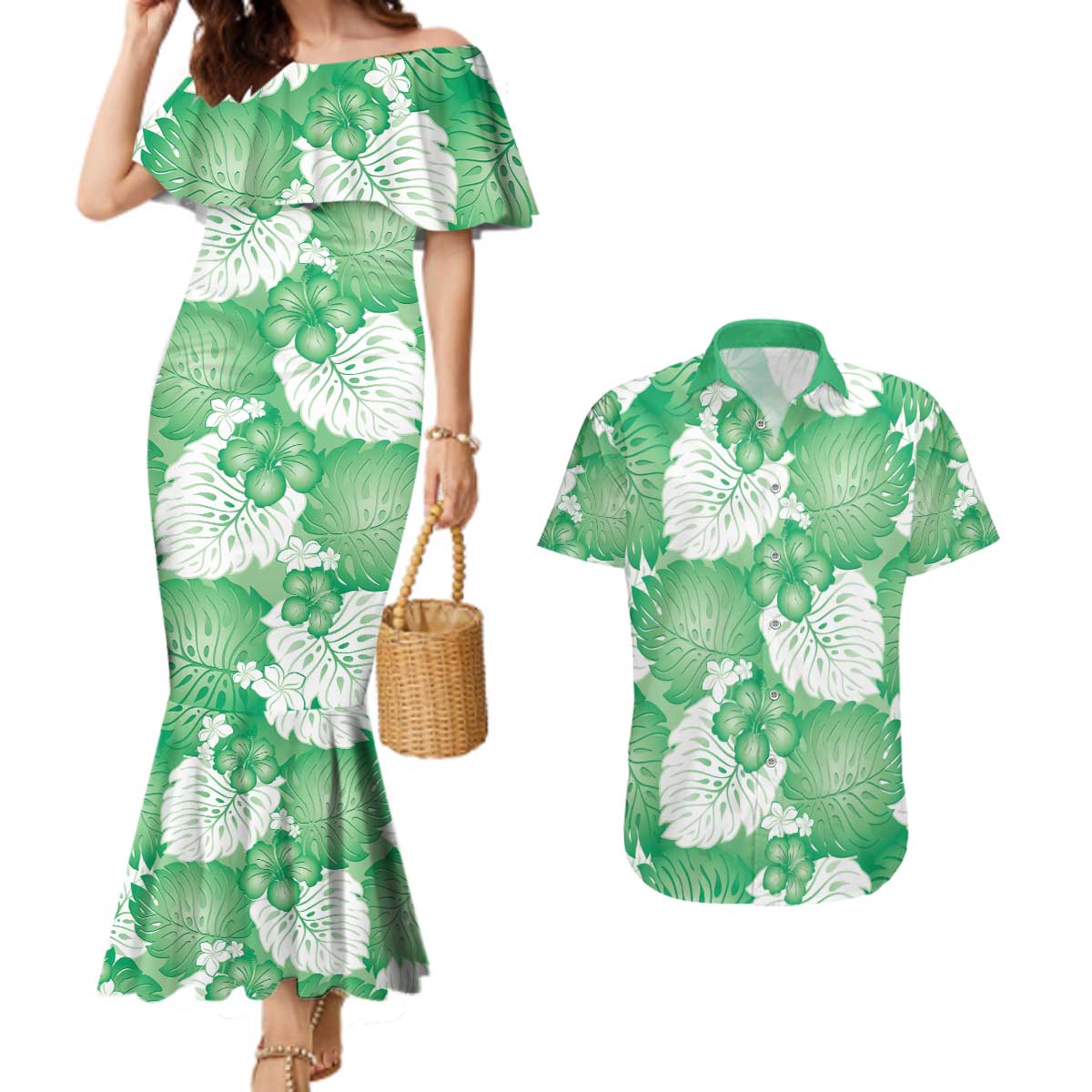 Green Aloha Hawaii Couples Matching Mermaid Dress and Hawaiian Shirt Monstera Hibiscus Plumeria Seamless Vibes LT14 Green - Polynesian Pride