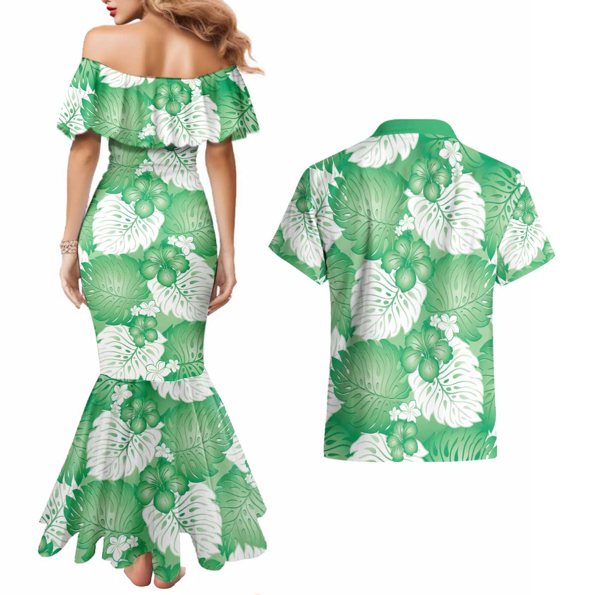 Green Aloha Hawaii Couples Matching Mermaid Dress and Hawaiian Shirt Monstera Hibiscus Plumeria Seamless Vibes LT14 - Polynesian Pride