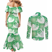 Green Aloha Hawaii Couples Matching Mermaid Dress and Long Sleeve Button Shirt Monstera Hibiscus Plumeria Seamless Vibes LT14 - Polynesian Pride