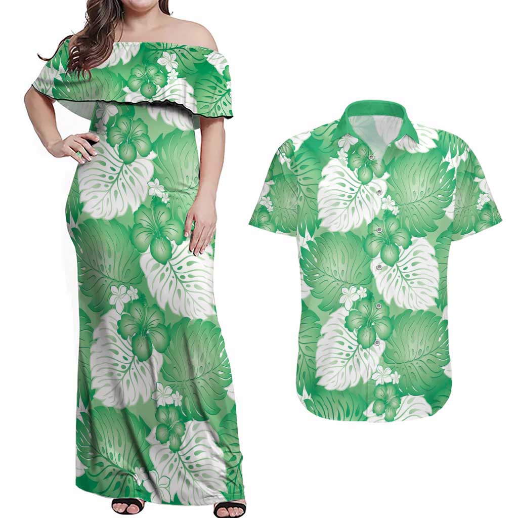 Green Aloha Hawaii Couples Matching Off Shoulder Maxi Dress and Hawaiian Shirt Monstera Hibiscus Plumeria Seamless Vibes LT14 Green - Polynesian Pride
