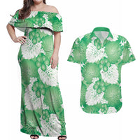 Green Aloha Hawaii Couples Matching Off Shoulder Maxi Dress and Hawaiian Shirt Monstera Hibiscus Plumeria Seamless Vibes LT14 Green - Polynesian Pride