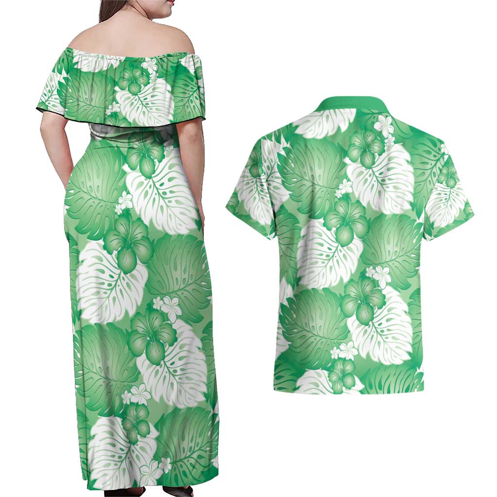 Green Aloha Hawaii Couples Matching Off Shoulder Maxi Dress and Hawaiian Shirt Monstera Hibiscus Plumeria Seamless Vibes LT14 - Polynesian Pride