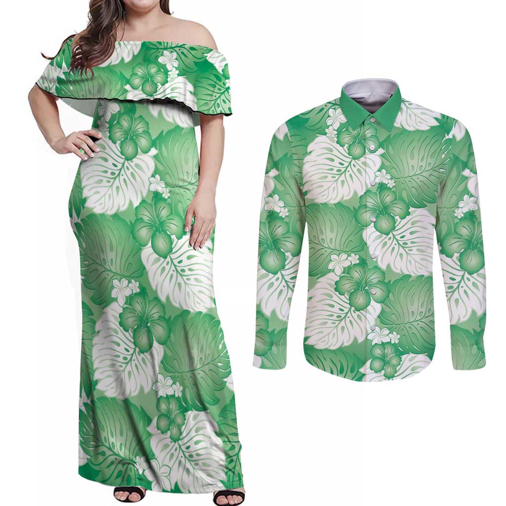 Green Aloha Hawaii Couples Matching Off Shoulder Maxi Dress and Long Sleeve Button Shirt Monstera Hibiscus Plumeria Seamless Vibes LT14 Green - Polynesian Pride