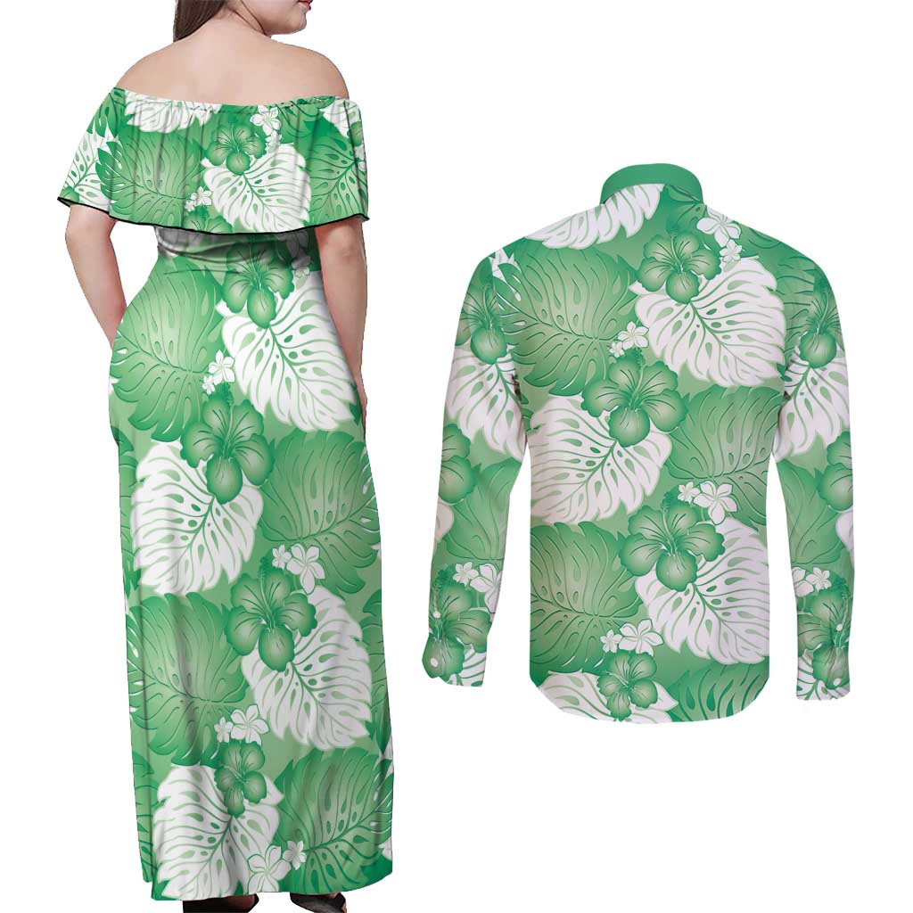 Green Aloha Hawaii Couples Matching Off Shoulder Maxi Dress and Long Sleeve Button Shirt Monstera Hibiscus Plumeria Seamless Vibes LT14 - Polynesian Pride