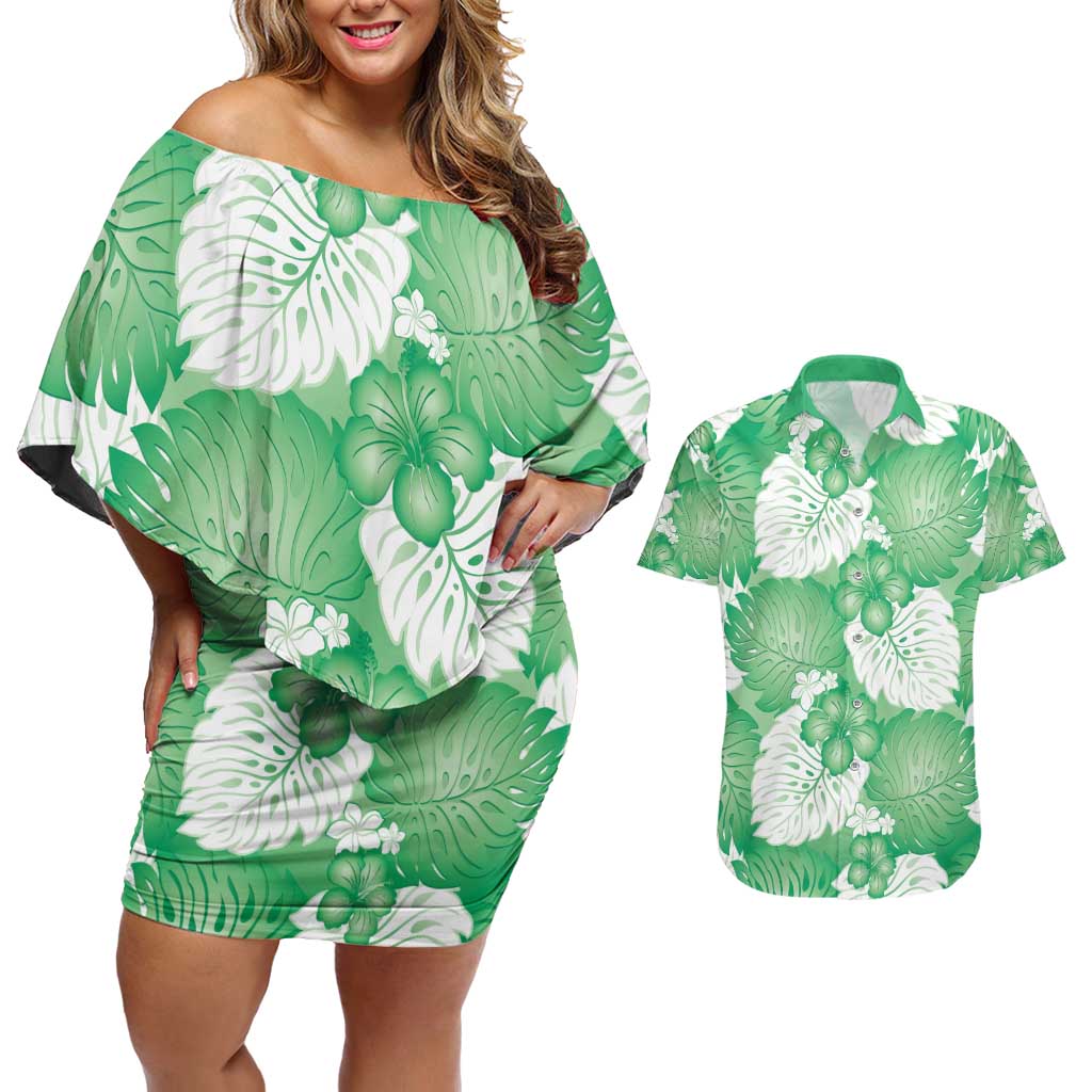 Green Aloha Hawaii Couples Matching Off Shoulder Short Dress and Hawaiian Shirt Monstera Hibiscus Plumeria Seamless Vibes LT14 Green - Polynesian Pride