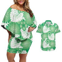 Green Aloha Hawaii Couples Matching Off Shoulder Short Dress and Hawaiian Shirt Monstera Hibiscus Plumeria Seamless Vibes LT14 Green - Polynesian Pride
