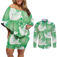 Green Aloha Hawaii Couples Matching Off Shoulder Short Dress and Long Sleeve Button Shirt Monstera Hibiscus Plumeria Seamless Vibes LT14 Green - Polynesian Pride